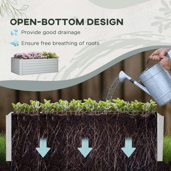 Galvanized steel raised bed showing open-bottom design with seedlings above dark soil