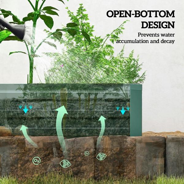 Green galvanized steel raised planter with open-bottom design for drainage and watering.