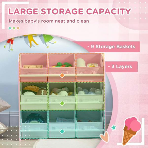 Pink kids storage rack with nine basket bins and three shelf layers, front view