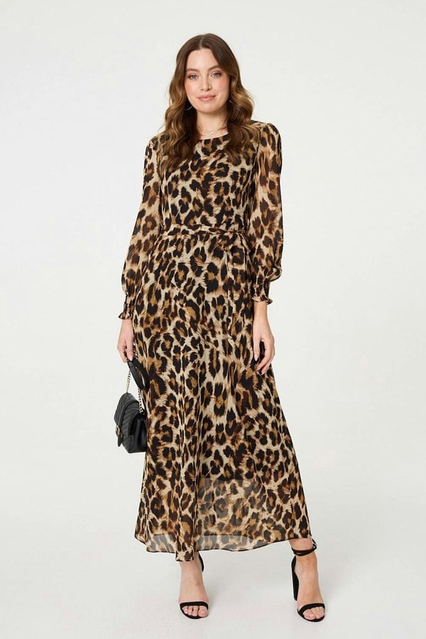 Brown | Animal Print Sheer Layered Maxi Dress
