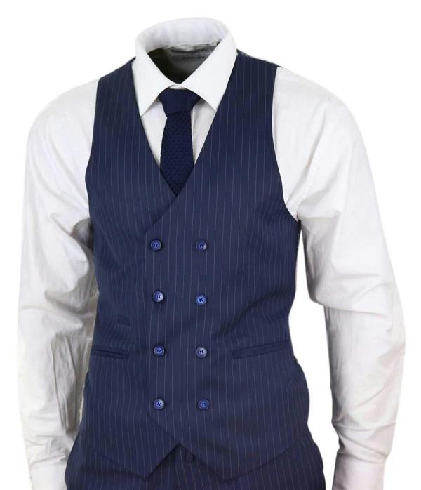 TruClothing Men's 3 Piece Navy Blue Pinstripe Retro Suit