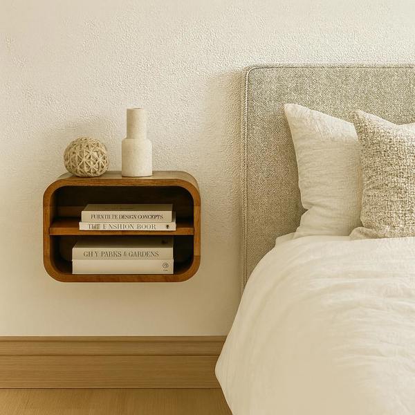 Artisan Furniture Solid Wood Oak-ish Floating Open Curve Bedside