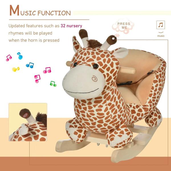 Giraffe plush rocking horse toy with safety belt and rocking wooden runners