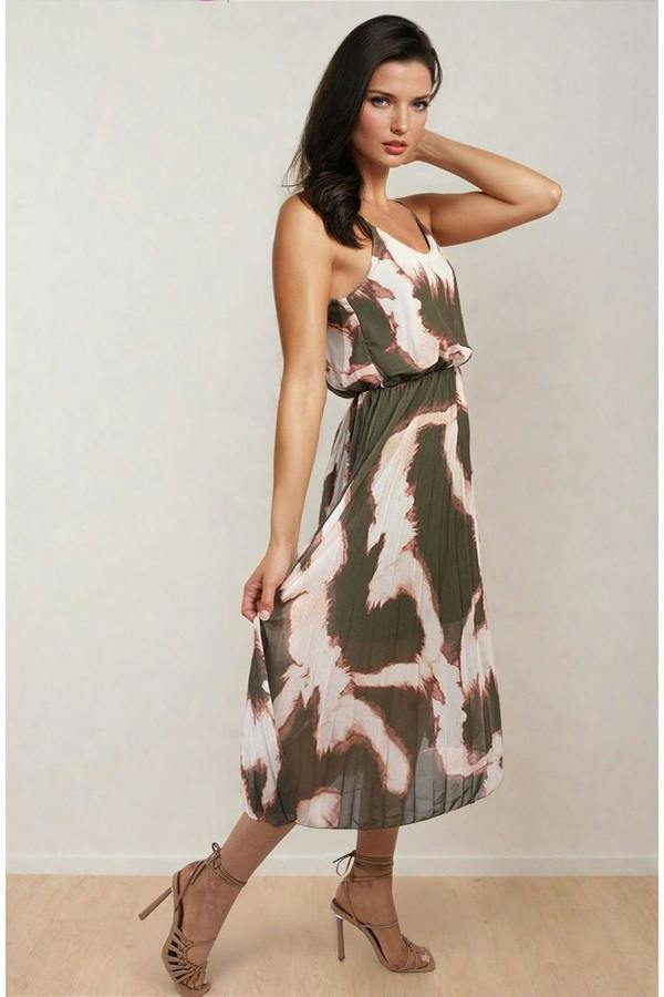 Lucy Printed Strappy Pleated Midi Dress - Khaki