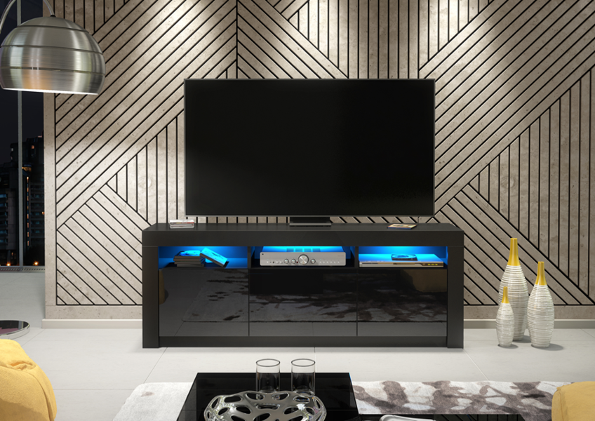 Mex Furniture Spacious 160cm TV Unit & Cabinet with Black High Gloss Doors