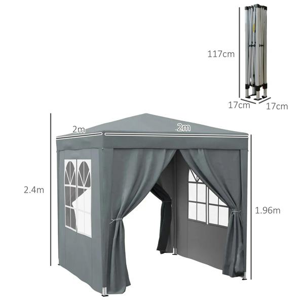 Grey pop-up gazebo party tent with front opening and two-side draped curtain panels