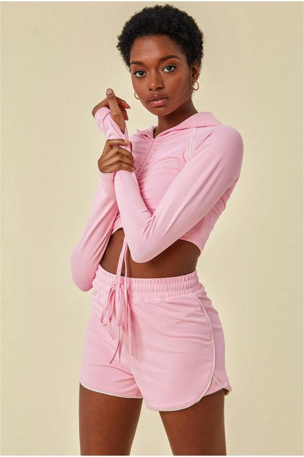 Jersey Short Set With Drawstring Top - Pink TS1
