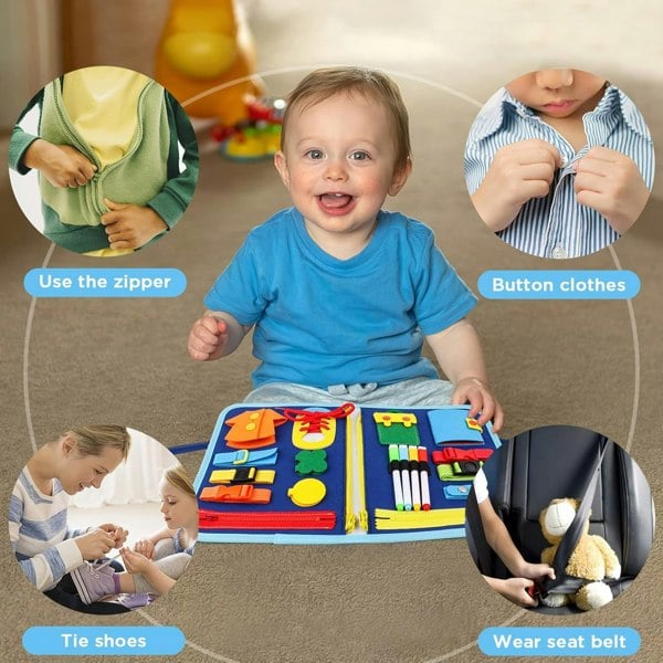 deAO Toys blue Busy Board Sensory Montessori Toys 10 Pages Quiet Book for Kids