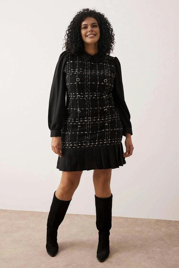WOVCOR Shirt Collar Plaid Mini Tweed Dress