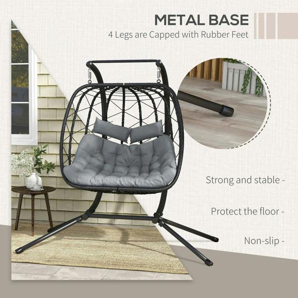 Black hanging egg chair with 4-leg metal base and gray thick padded cushion