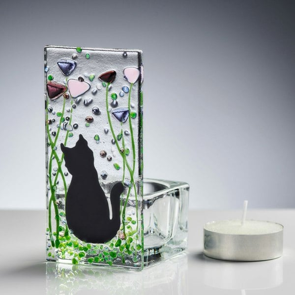 Handmade Fused Glass - Tea Light Holder - Cat - Violet
