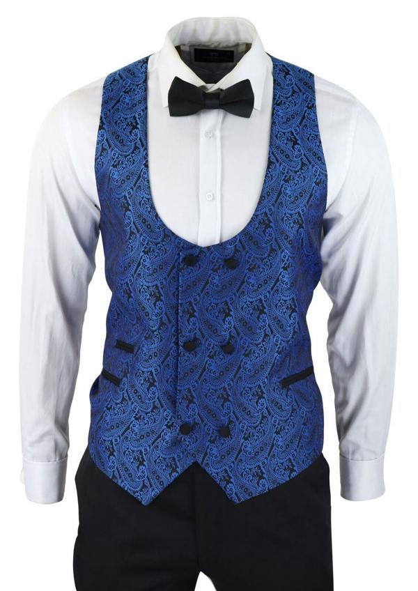 TruClothing Mens Blue Tuxedo Blazer Waistcoat Brocade Black Satin Paisley Dinner Jacket