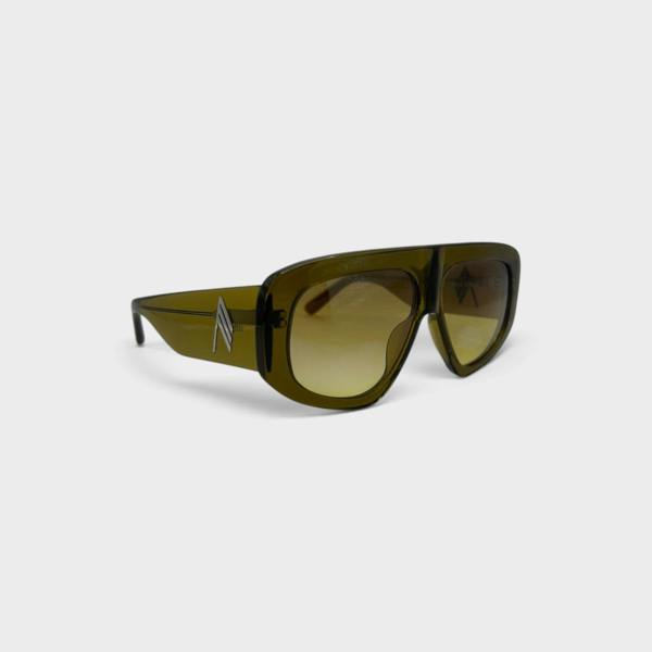 Supplied Fashion Linda Farrow Milano oversized olive sunglasses with architectural frames and metallic side detail.