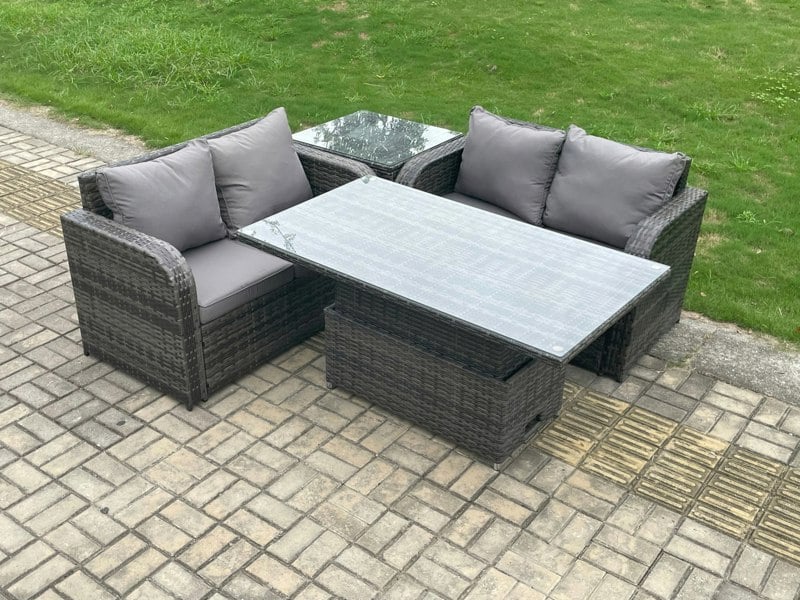 Fimous Outdoor Rattan Furniture Garden Dining Set Height Adjustable Rising lifting Table Love Sofa Set With Side Table Dark Grey Mixed