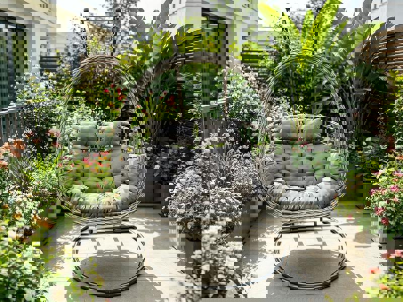 Fimous Rattan Garden 2 Person Hanging Egg Chair Indoor Outdoor Patio Furniture with Grey Cushion