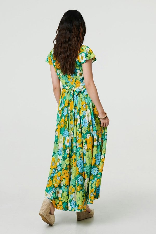 Green | Floral Ruched Cap Sleeve Maxi Dress
