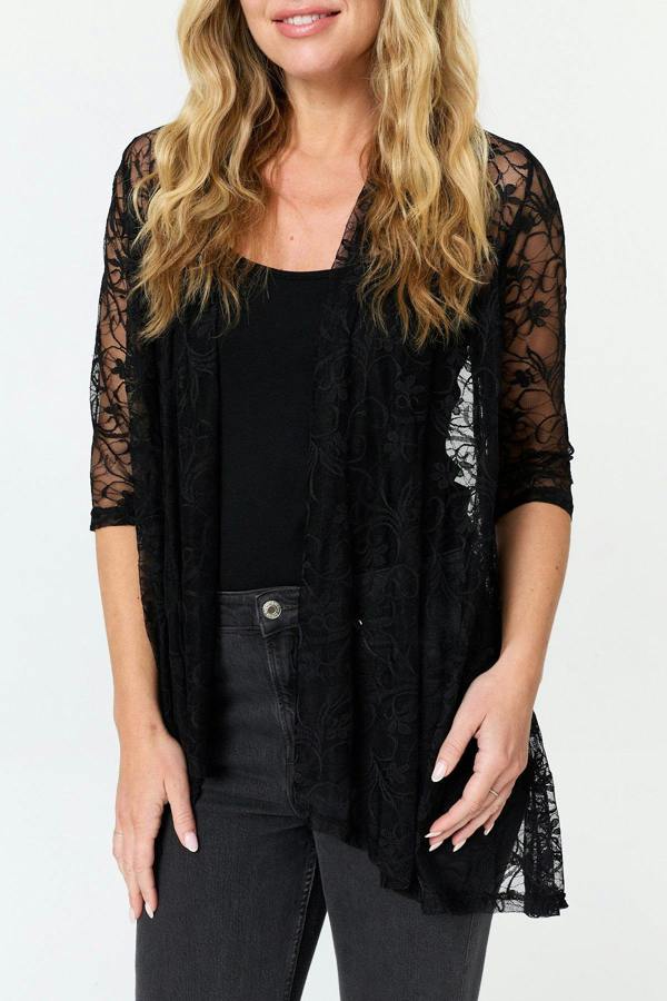Black | Longline Lace Texture Waterfall Cardigan