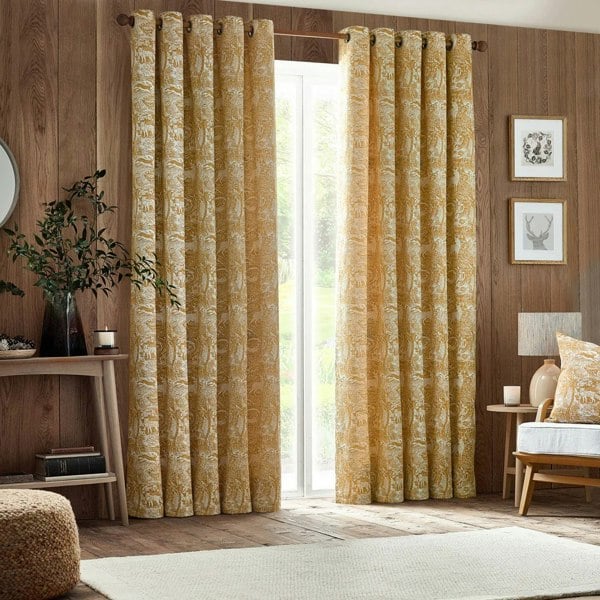 Furn Winter Woods Chenille Animals Eyelet Curtains - Ochre
