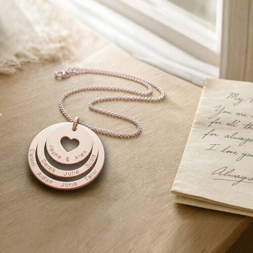 Christopher James of London 9ct Rose Gold Plated Two Disc Cut Out Heart Personalised Family Necklace