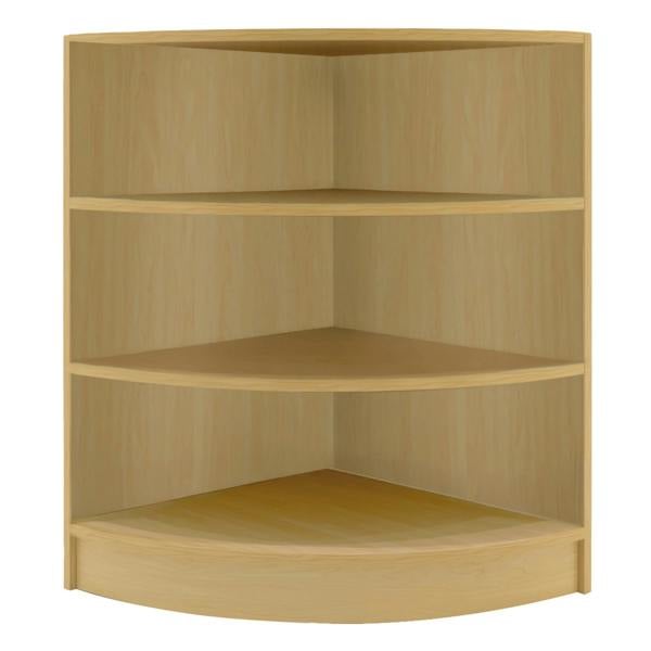 Maple corner display unit with smooth surfaces, four spacious shelves, and a rounded base, ideal for showcasing products in retail spaces