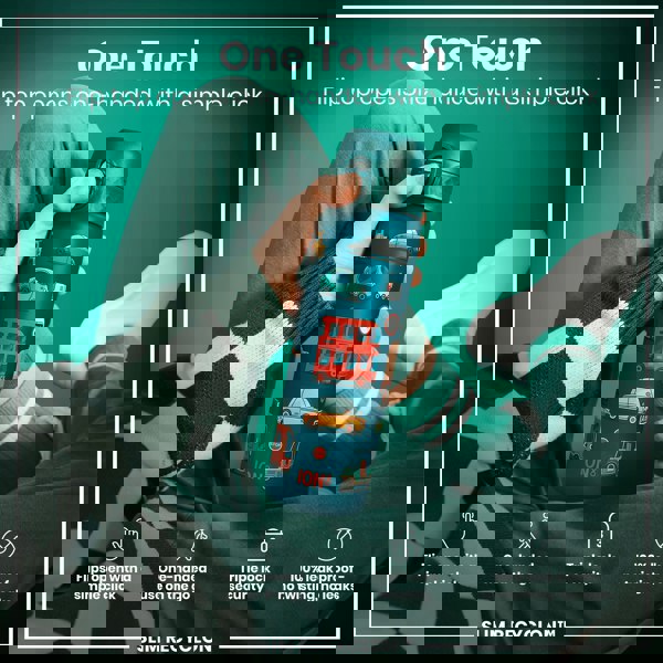 A person holds a teal water bottle with a flip top and vehicle designs; the lid opens with one hand; the setting is a casual, promotional studio shot.