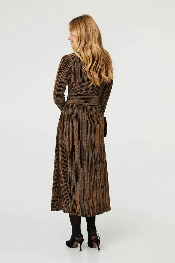 Gold | Striped Texture Long Sleeve Midi Dress