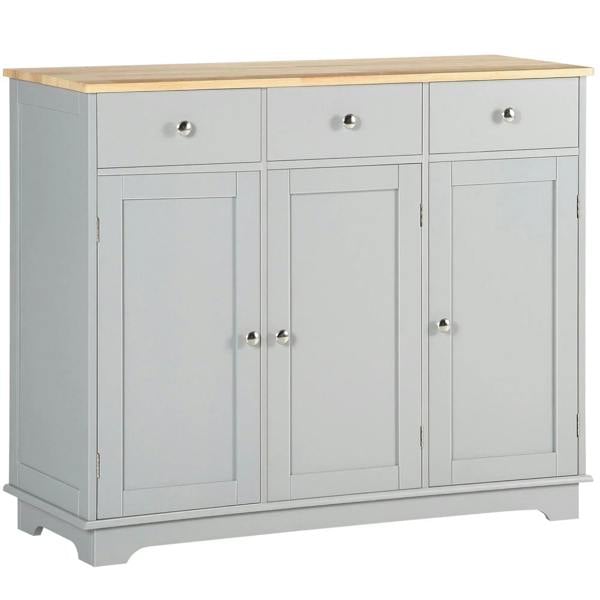 Grey sideboard cabinet with rubberwood top, three doors and three drawers, metal knobs