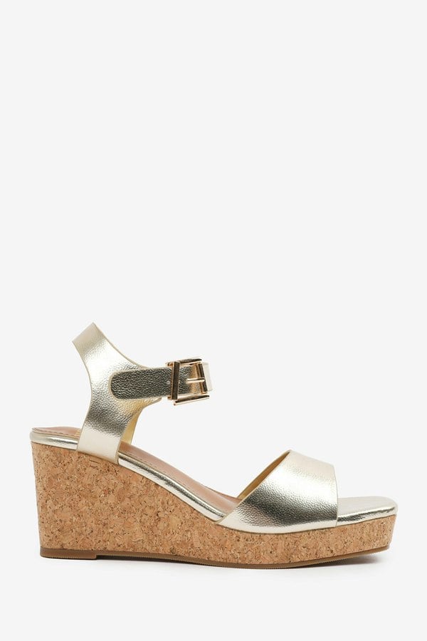 Where's That From Giselle  Wedge Sandals With Buckle Ankle Strap in Gold Grain Pu