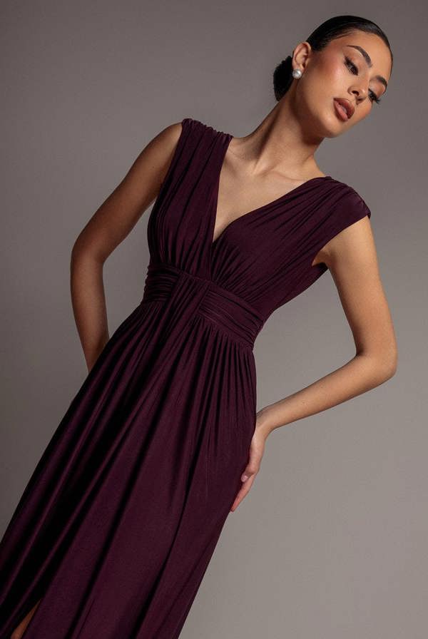 Gathered Shoulder Wrap Neck Draped Waist Maxi Dress - Burgundy DR5005