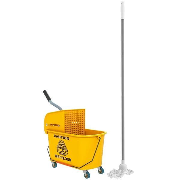 Yellow mop bucket and wringer set on wheels with mop handle and microfiber head