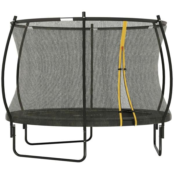 8ft outdoor trampoline with enclosure net, black frame and gray mesh panels