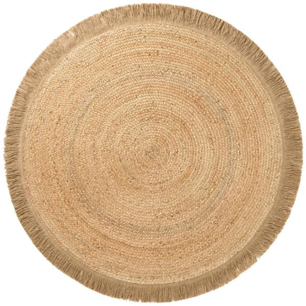 Round woven jute rug with fringes on a white background