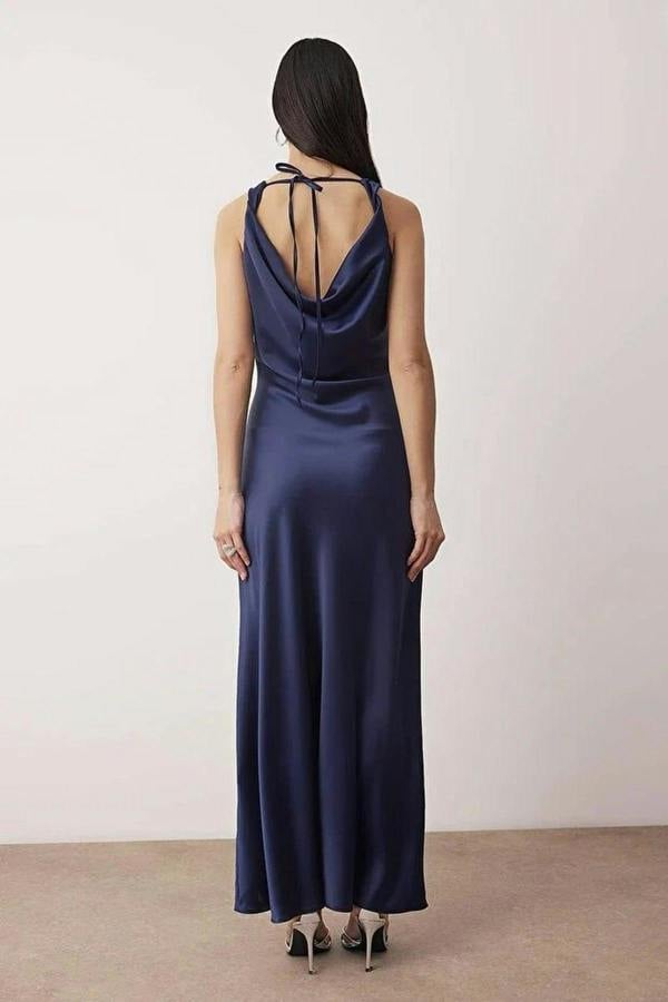 WOVCOR A-Line Cowl Neck Satin Maxi Elegant Dress