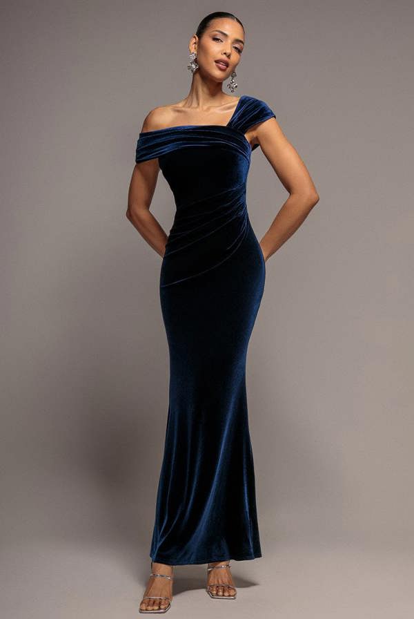 One Shoulder Velvet Maxi Dress - Navy DR4578