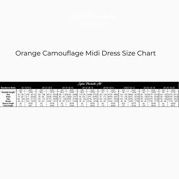 Orange Canouflage Midi Dress Size Chart