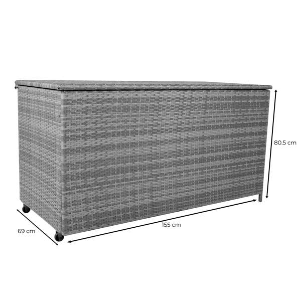 Grey rattan cushion storage box with a textured woven design, featuring a spacious 700L capacity and smooth rolling wheels for easy mobility
