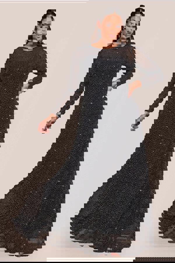 Hotfix Diamante Mesh A-Line Long Sleeve Maxi Dress - Black DR4365PLUS