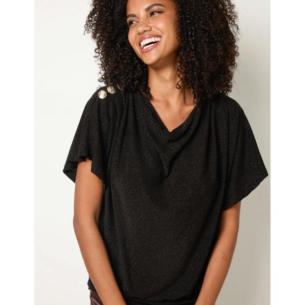 Blue Vanilla Button Detail Draped Cowl Neck Top