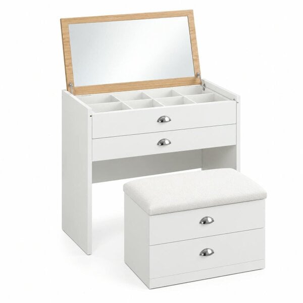 HOMEWEDO  Dressing Table with Mirror and Stool, White Vanity Table with Flip Top Mirror, W75 x D60 x H80 CM
