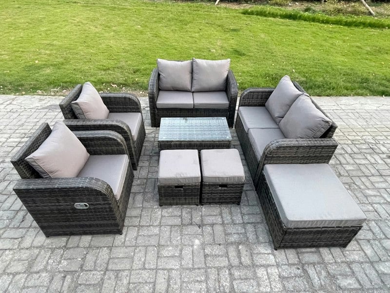 Fimous 9 Seater Rattan Garden Furniture Set Patio Outdoor Lounge Sofa Set with Rectangular Coffee Table 3 Footstools Love Sofa Dark Grey Mixed