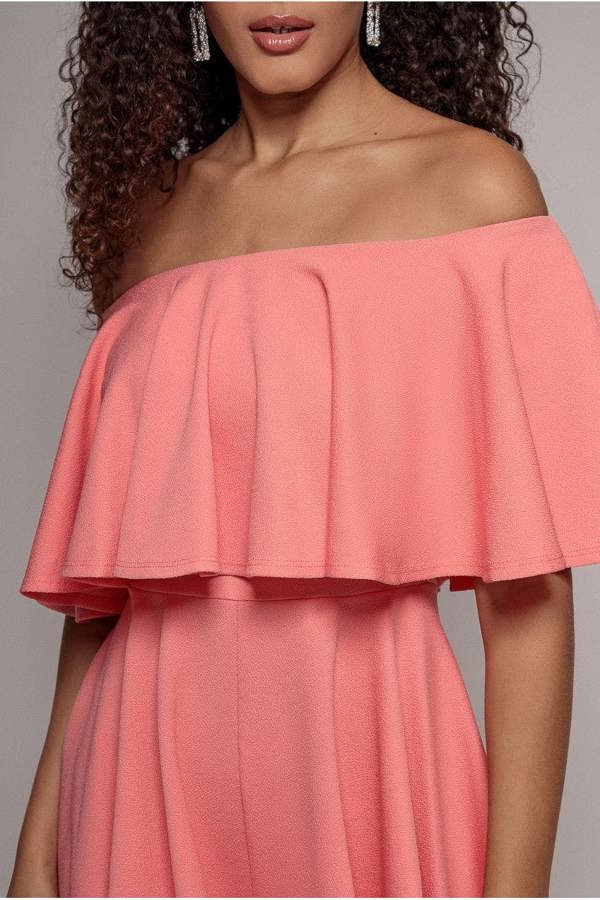 Off The Shoulder Frill Neck Skater Playsuit - Coral TR30B