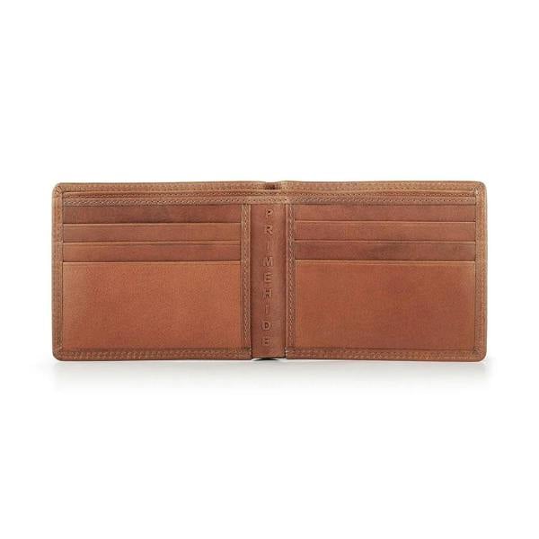 Interior of men’s brown leather wallet with 6 card slots and slip pockets