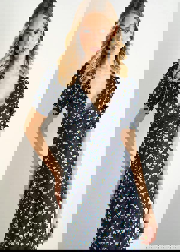 Gini London Navy Floral Lace Trim V Neck Midi Dress