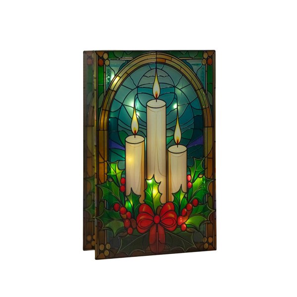 Samuel Alexander 21cm Battery Operated Light up Stained Glass Christmas Decoration with Candles & Holly with Warm White LEDs