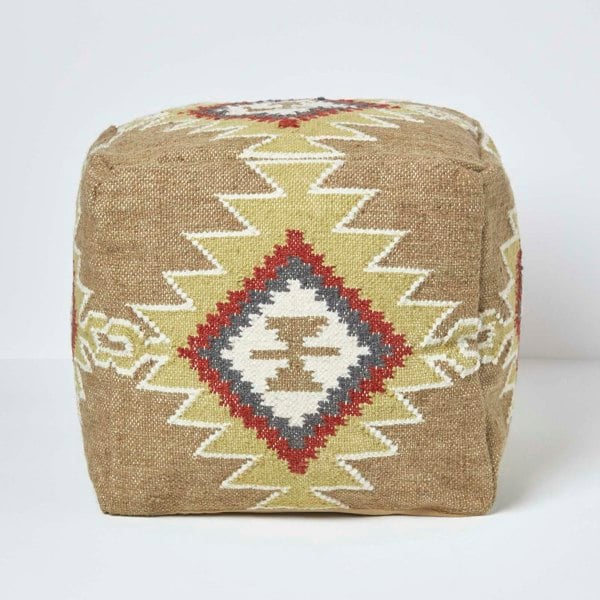 HOMESCAPES Jaipur Brown and Orange Kilim Footstool Handwoven Beanbag Pouffe - 43 x 43 cm