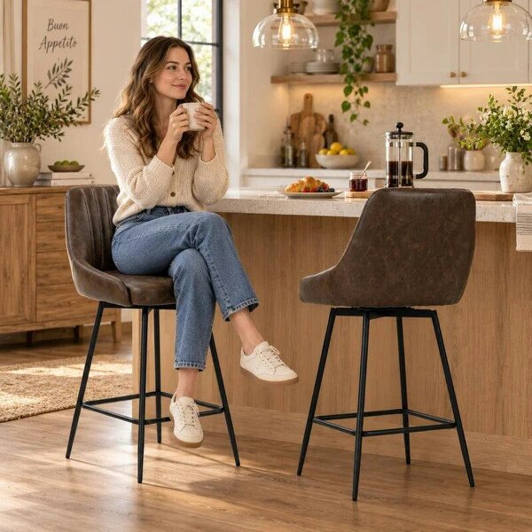 Bar Stools Set of 2, Swivel Counter Height Barstools with PU Leather, for Kitchen Island, Dining Room, Dark Brown