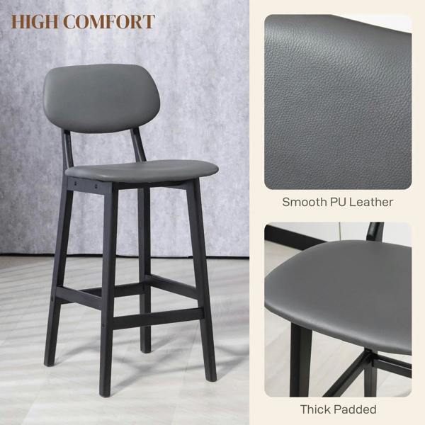 Dark grey PU leather bar stool with thick padded seat, backrest, and wood legs