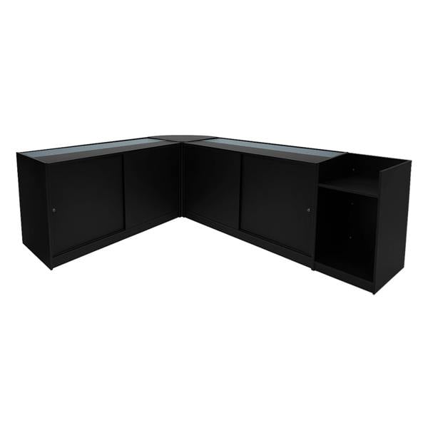 Black Eclipse LED Shop Counter Set featuring sleek glass tops, modern design, and ample storage space for retail displays
