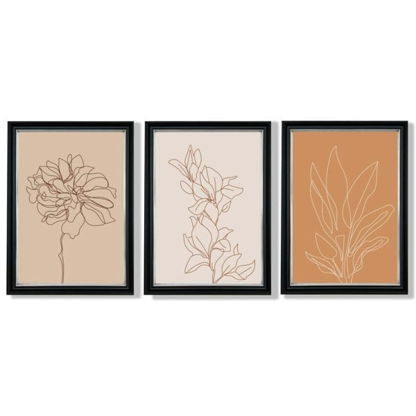 Set of 3 Minimalist Floral Beige Terracotta Framed Art Prints with Vermeer Black and Silver Frames