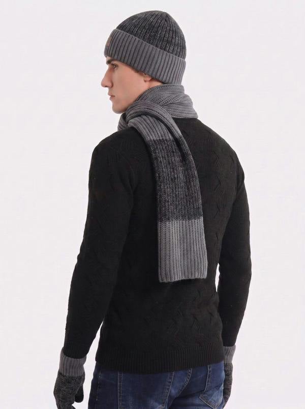Anniou Men Color Block Rib Knit Hat Scarf  Gloves Set
